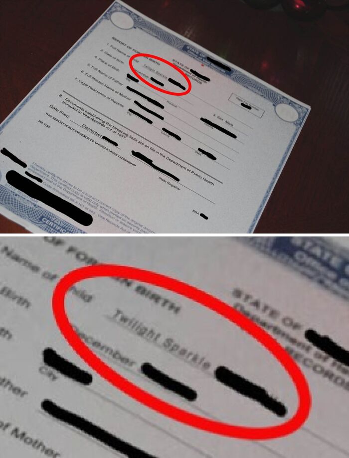 Birth certificate showing unusual baby name Twillah Spells circled in red, related to baby names parents loved but others judged.