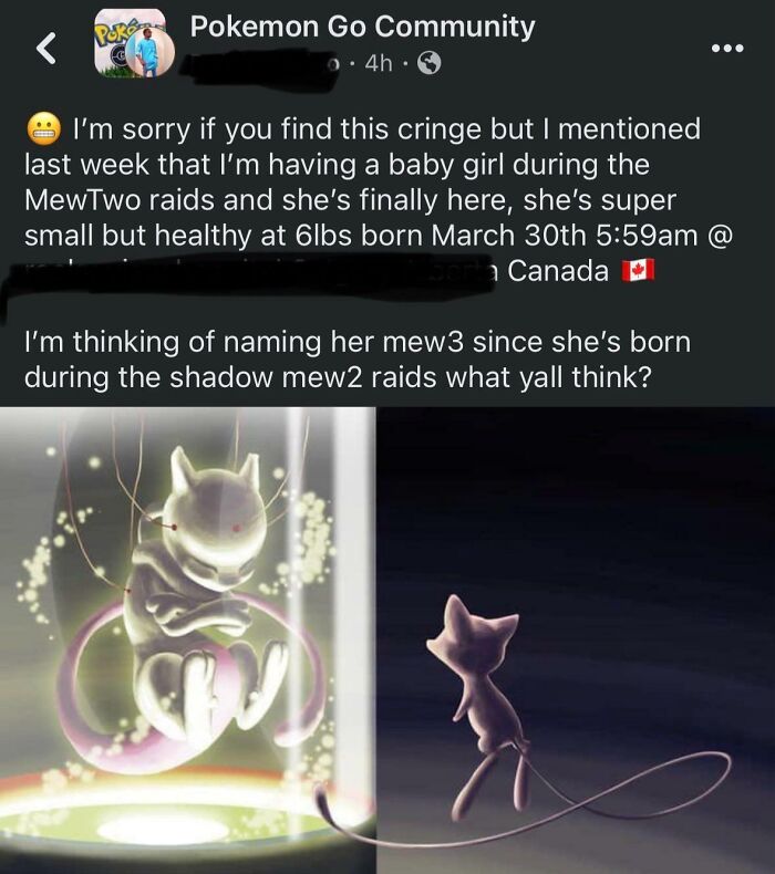 Screenshot of a Pokemon Go Community post discussing unique baby names and parent reactions with a Mew and Mewtwo image.