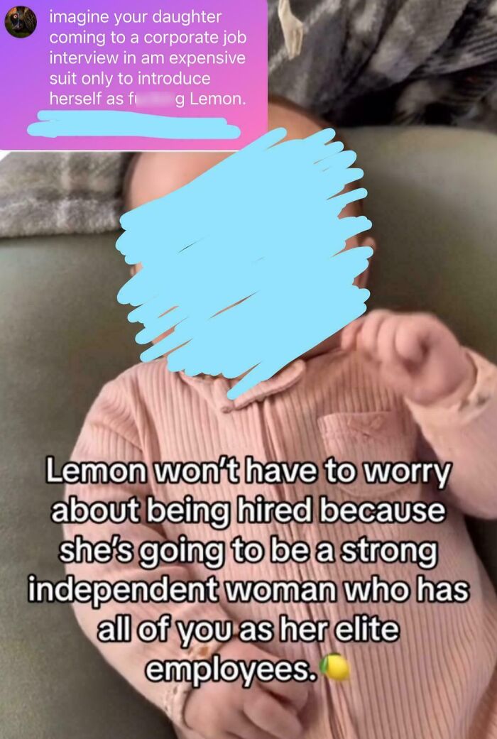 Baby named Lemon pictured with text about strong independent women, linked to unique baby names parents loved but others judged.