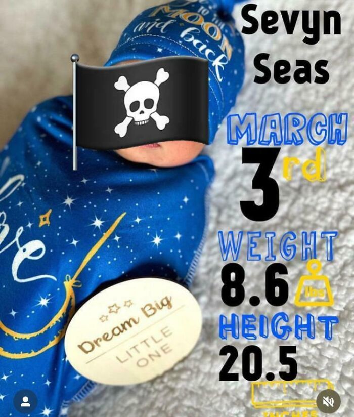 Baby wrapped in blue starry blanket with dream big badge, with Sevyn seas name and birth stats in colorful text, baby names concept.
