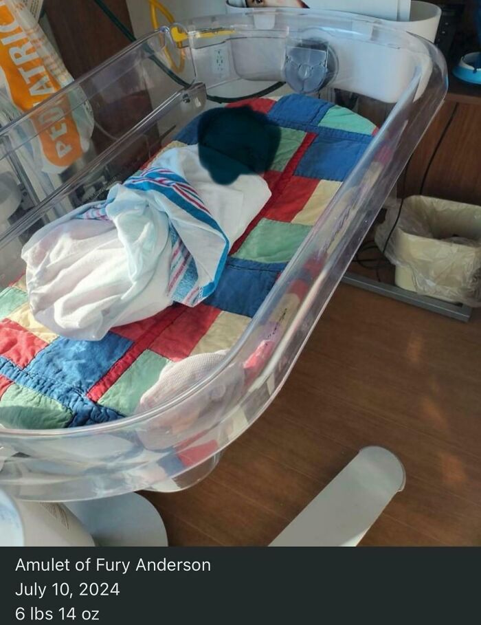 Newborn baby in a clear hospital bassinet with colorful quilt, showcasing unique baby names parents loved but others judged.