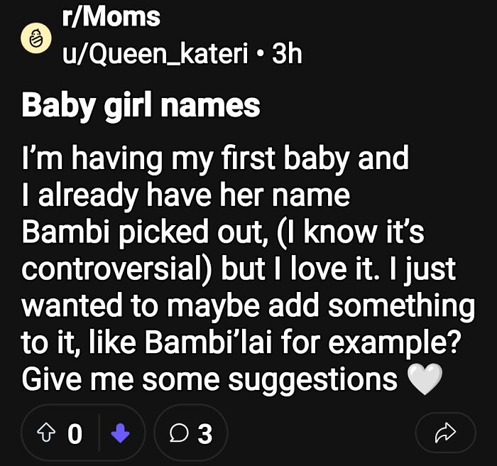 Reddit post from r/Moms where a parent shares baby girl name ideas including the controversial but loved name Bambi.