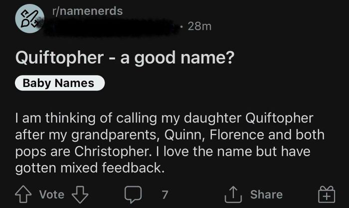 Reddit post from r/namenerds discussing unique baby names and mixed feedback from parents and others.