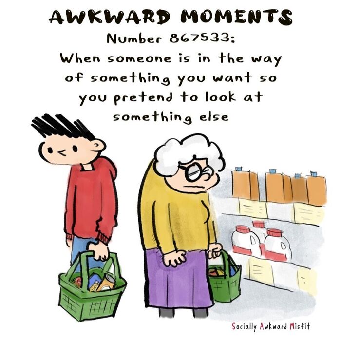 Comic illustrating an introvert’s awkward moment in a grocery store, capturing relatable introvert behavior with humor.