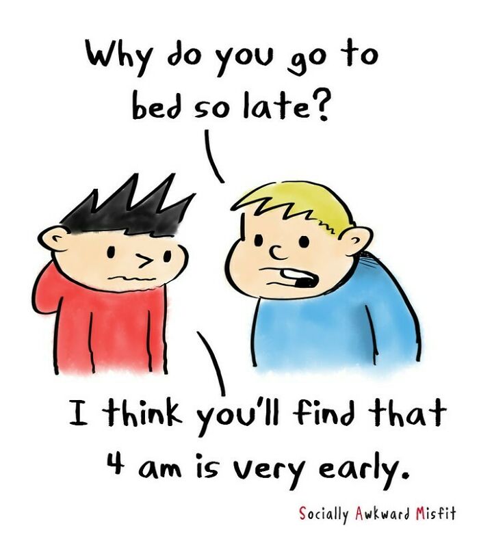 Comic showing two characters discussing bedtime habits, illustrating relatable introvert experiences in a simple cartoon style.