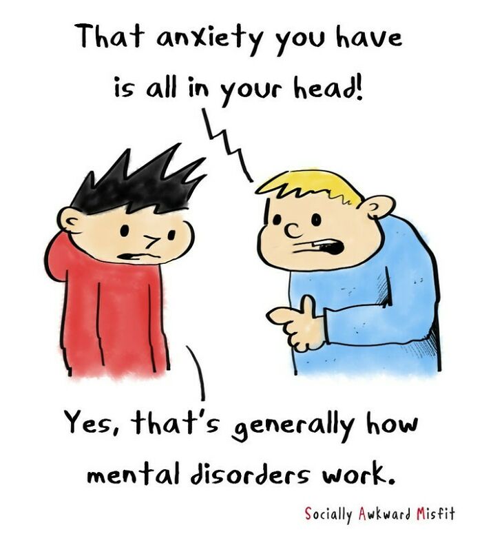 Two cartoon characters discuss anxiety, illustrating relatable comics about introvert mental health and social awkwardness.