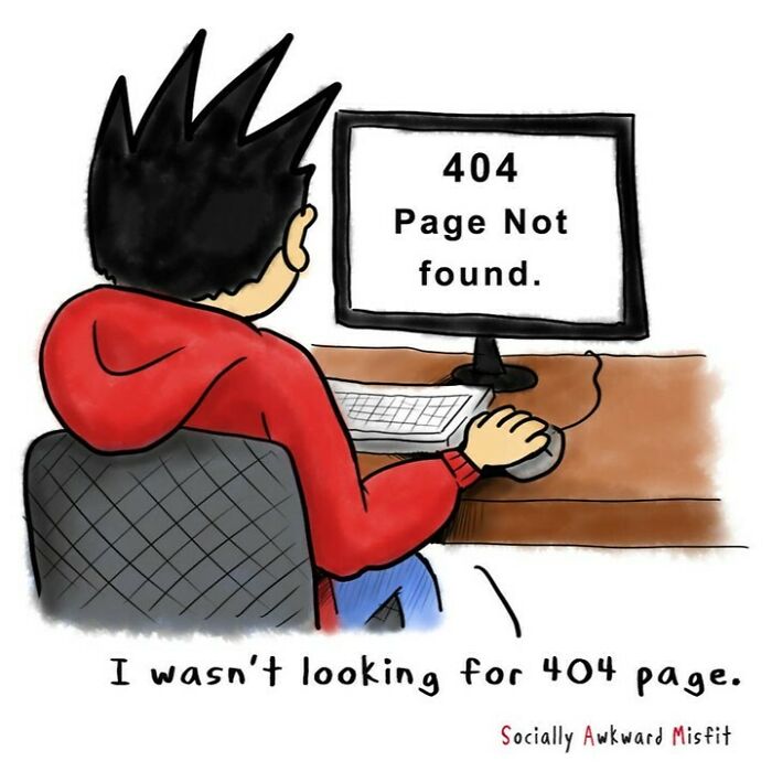 Introvert comic by artist showing a person facing a computer with a 404 page not found message, capturing relatable introvert humor.