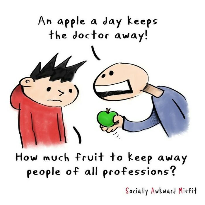 Comic showing two characters discussing "An apple a day" phrase with a question about keeping people away, highlighting introvert humor.