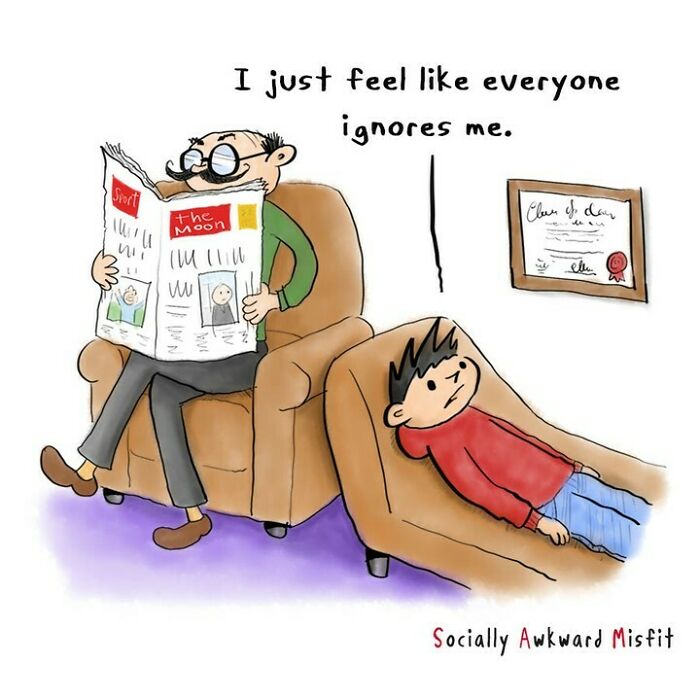 Introvert comic showing a person feeling ignored while lying on a couch next to someone reading a newspaper.