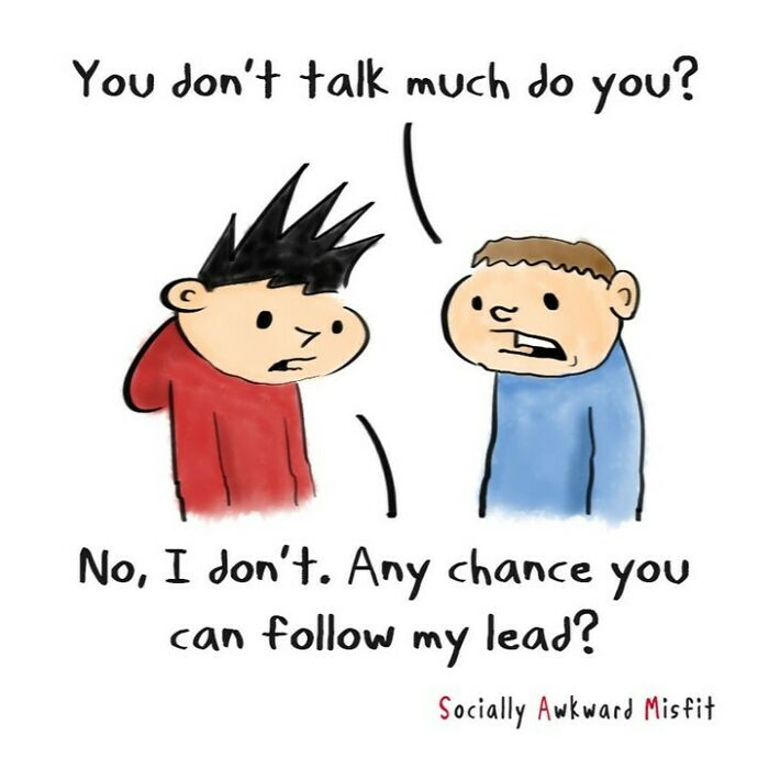 Comic showing two characters in conversation illustrating relatable introvert behavior with one encouraging the other to follow their lead in social settings.