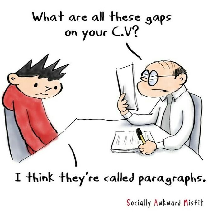 Cartoon of a job interview showing relatable comics about introverts and their social awkwardness in conversation.