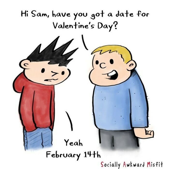 Two cartoon characters in a relatable introvert comic discussing a Valentine’s Day date with simple colorful drawings.