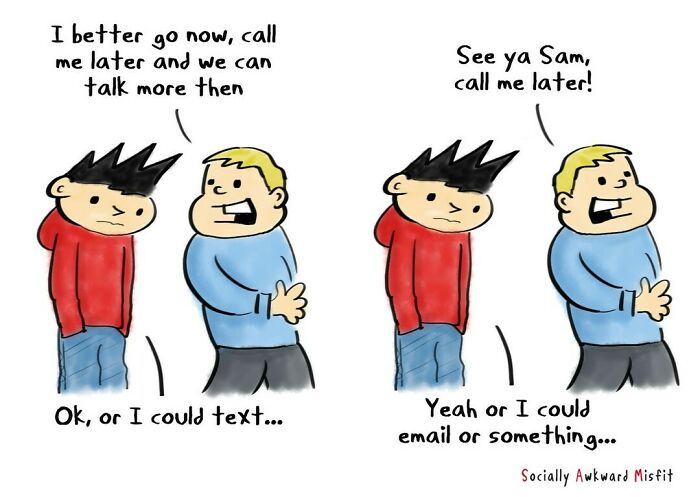 Relatable introvert comic showing two characters awkwardly ending a conversation with options to call, text, or email later.