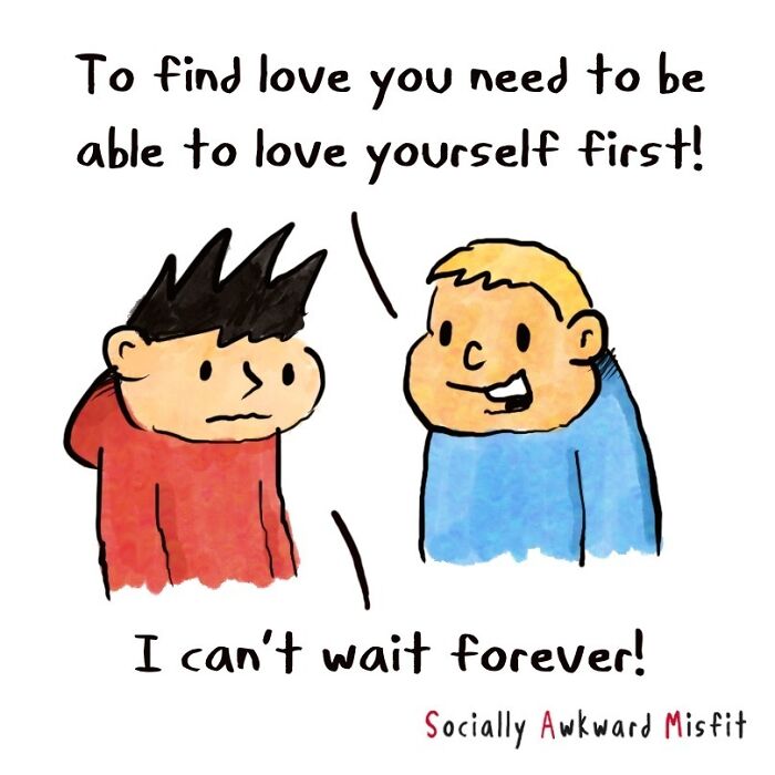 Comic showing two characters discussing self-love and patience, illustrating relatable introvert experiences in simple colorful style.