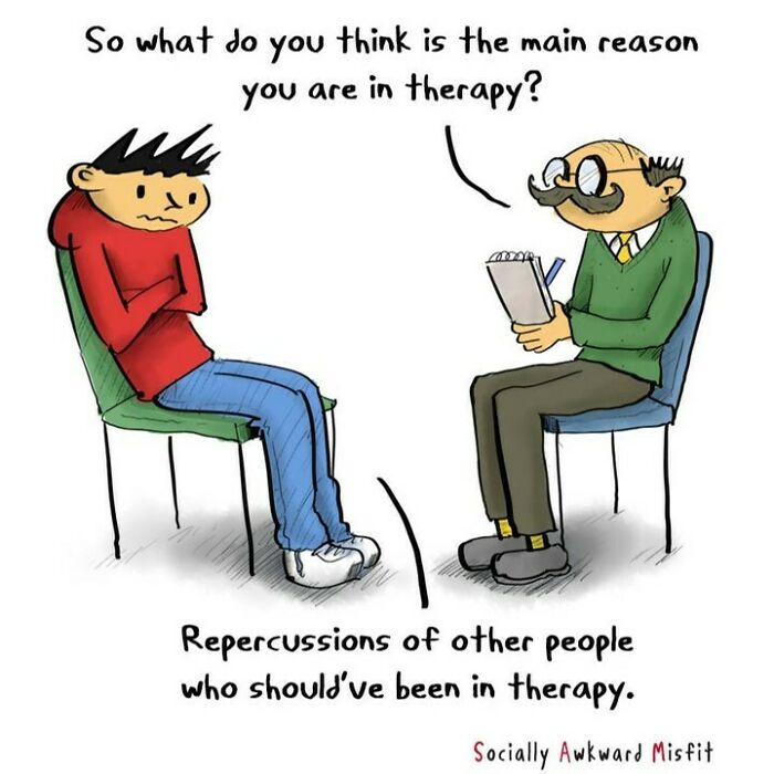 Cartoon showing an introvert in therapy discussing the impact of others needing therapy, illustrating relatable introvert comics.