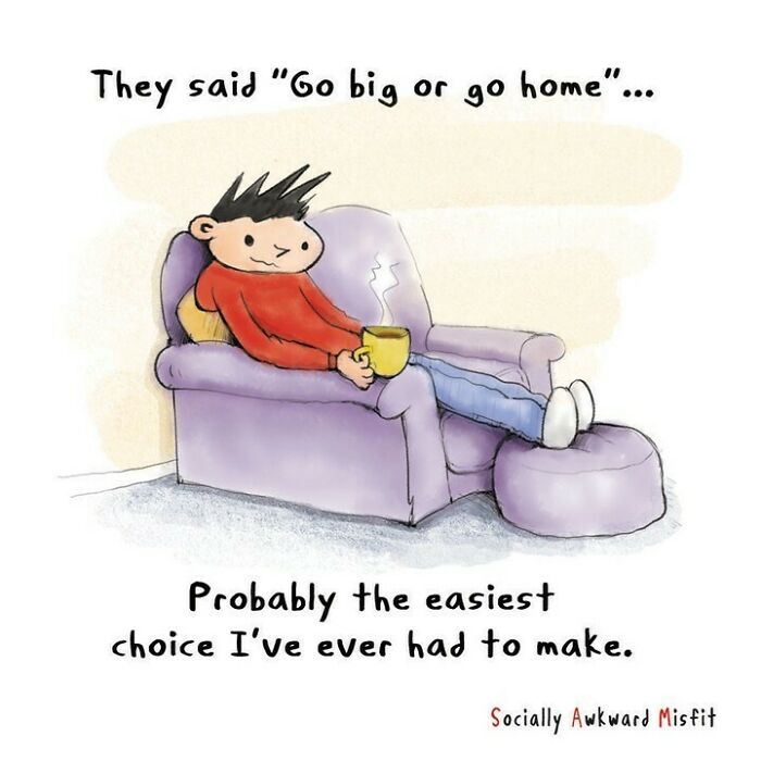 Introvert comic showing a relaxed person on a chair with tea, capturing relatable moments of being an introvert.