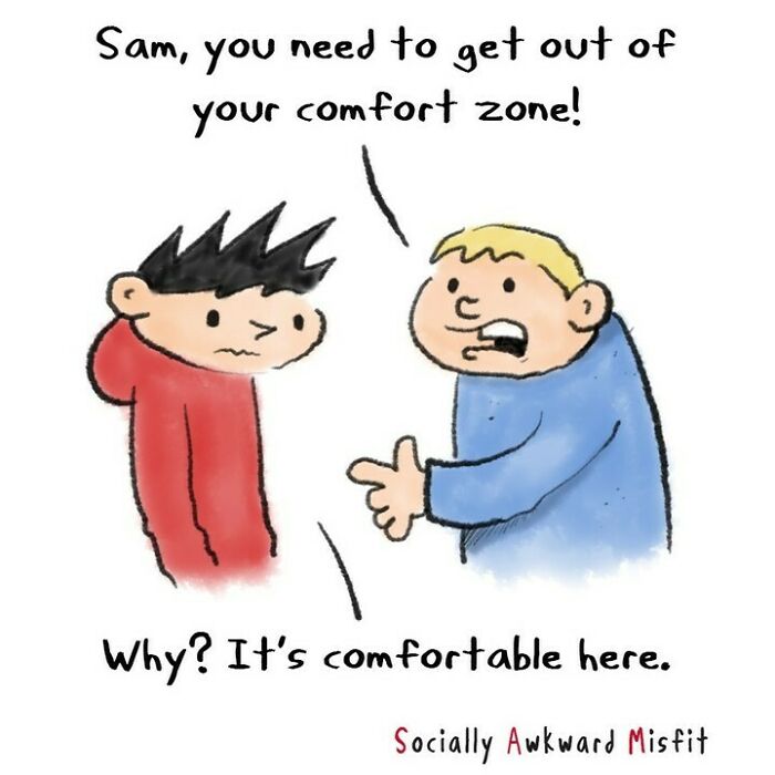 Comic illustrating relatable introvert humor with two characters discussing comfort zones and social comfort.
