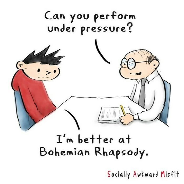 Comic featuring a nervous introvert asked about pressure, replying they perform better singing Bohemian Rhapsody, illustrating introvert humor.