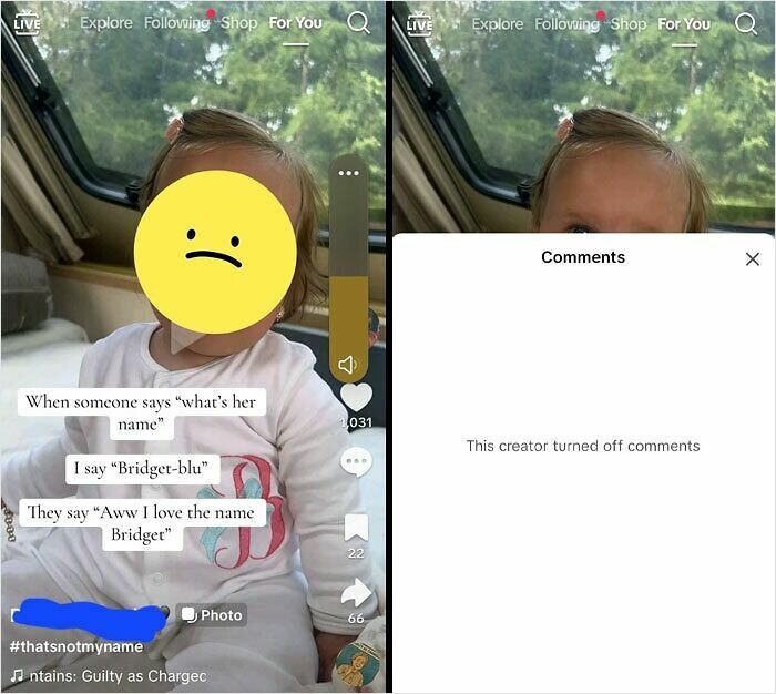 Toddler in white pajamas with text about unique baby names and muted comments on a social media video post.