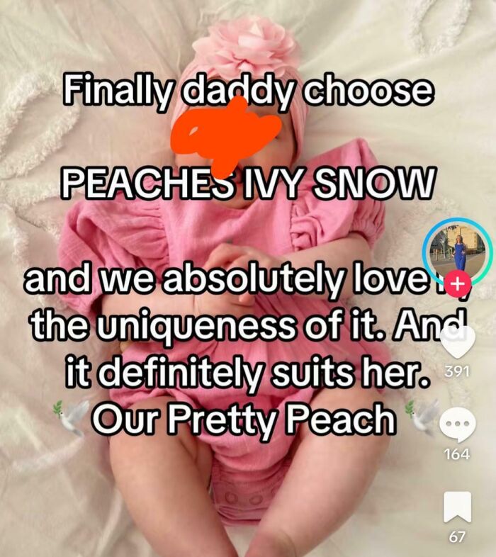 Baby wearing pink outfit and hat, with text about parents loving unique baby names from Wednesdaigh Adams list.