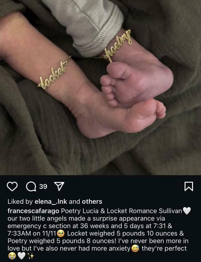 Two newborn baby feet wearing gold name bracelets, representing unique baby names parents loved but others judged.