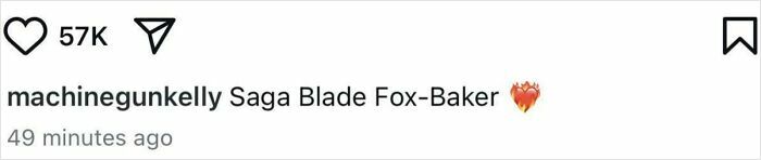 Instagram post showing the username machinegunkelly sharing the baby name Saga Blade Fox-Baker, sparking discussion on unique baby names.