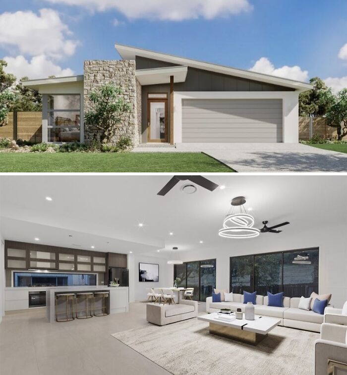 Modern apartment exterior with stone accent and spacious open-plan living room showcasing $1 million apartment features.