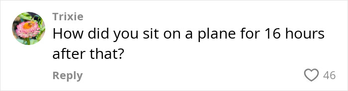 Comment from user Trixie questioning how someone sat on a plane for 16 hours after a BBL horror experience including assault.