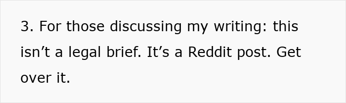 Text excerpt showing a casual Reddit post about writing, emphasizing it is not a legal brief in a boyfriend attorney swearing moment context.
