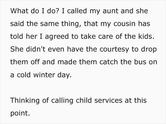 Text showing concerns about poor parenting as children were left to catch the bus in cold weather, considering child services.