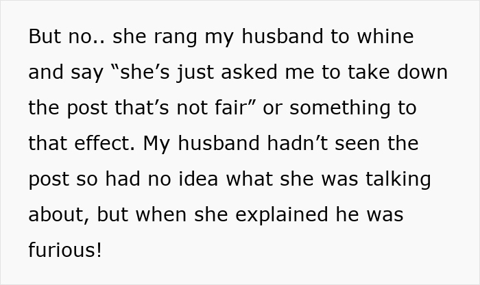 Text message about MIL asking husband to take down pregnancy announcement post, causing family conflict on Facebook.