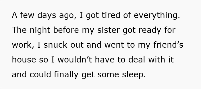 Teen girl becomes paranoid and sleep-deprived after sister dumps infant, forcing daily babysitting responsibility.