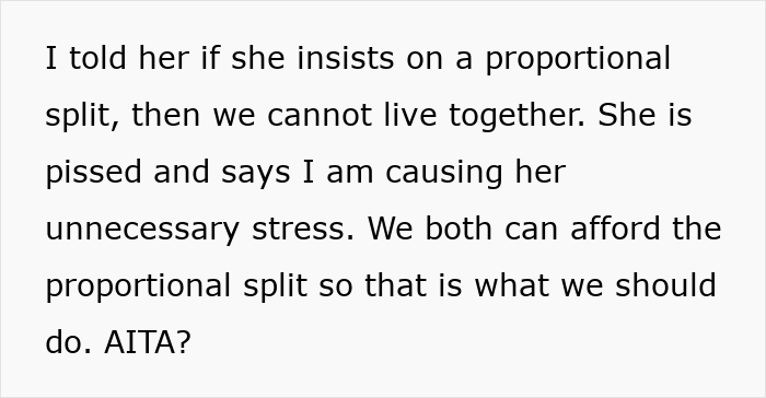 Text about woman and boyfriend arguing over refusing to move in unless they split expenses 50/50. Text about woman and boyfriend arguing over refusing to move in unless they split expenses 50/50.