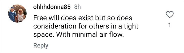 Comment from plane passenger discussing the challenge of consideration and airflow in a tight airplane space. Comment from plane passenger discussing the challenge of consideration and airflow in a tight airplane space.