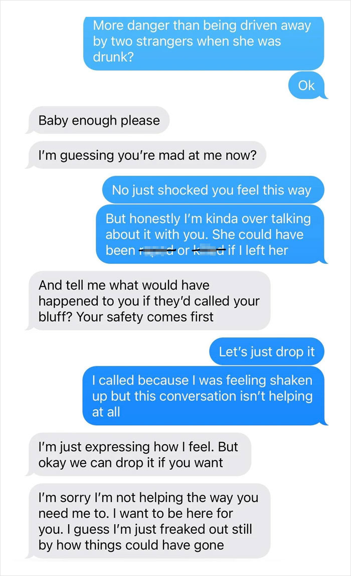Text message conversation showing a guy losing it after his girlfriend confronts men trying to kidnap a drunk girl. Text message conversation showing a guy losing it after his girlfriend confronts men trying to kidnap a drunk girl.
