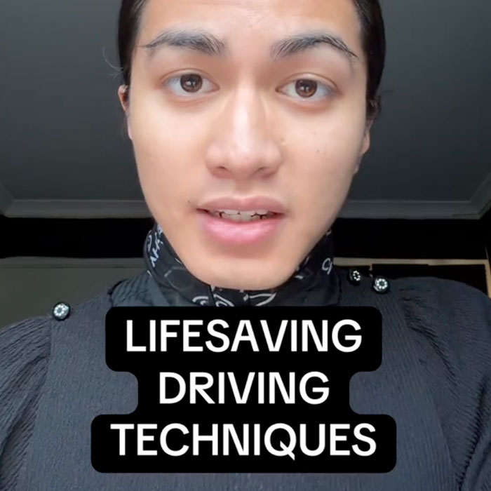 Young person sharing lifesaving driving techniques in a close-up video about safe driving facts for licensed drivers.