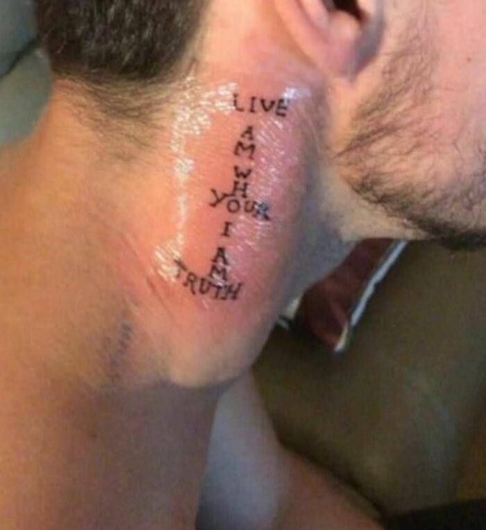 Tattoo on neck with distorted and misspelled words, an example of hilariously bad tattoos and inkshaming moments.