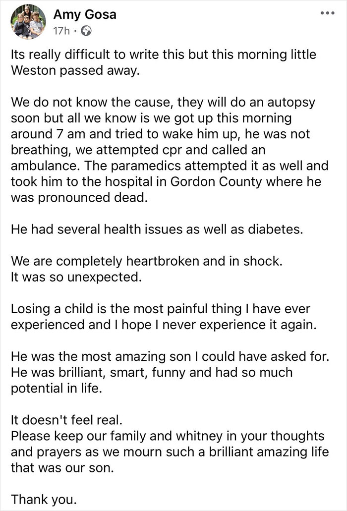 Social media post announcing the tragic loss of 16-year-old son of 16 and Pregnant star Whitney Purvis.