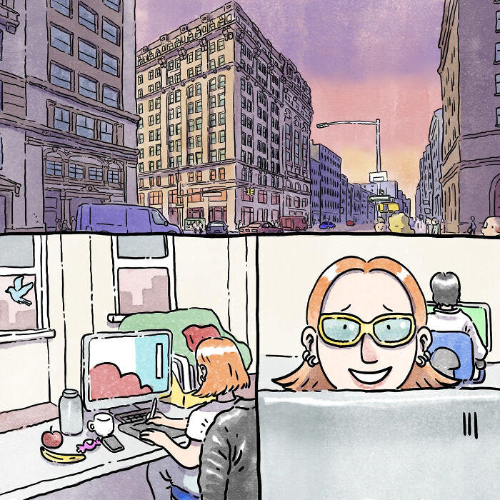 Illustration of an artist working on heartfelt wordless comics about life with a dog and a cat in a city setting.