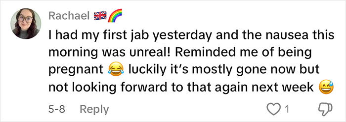 User comment discussing nausea after first jab, related to side effects mentioned by woman who dropped 84 lbs on Mounjaro.