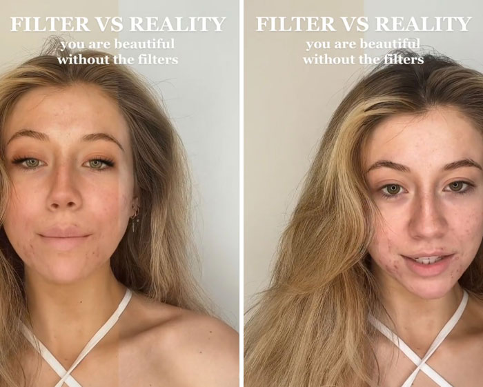 Side-by-side photos of a woman showing differences with filters vs natural appearance highlighting filter vs reality.