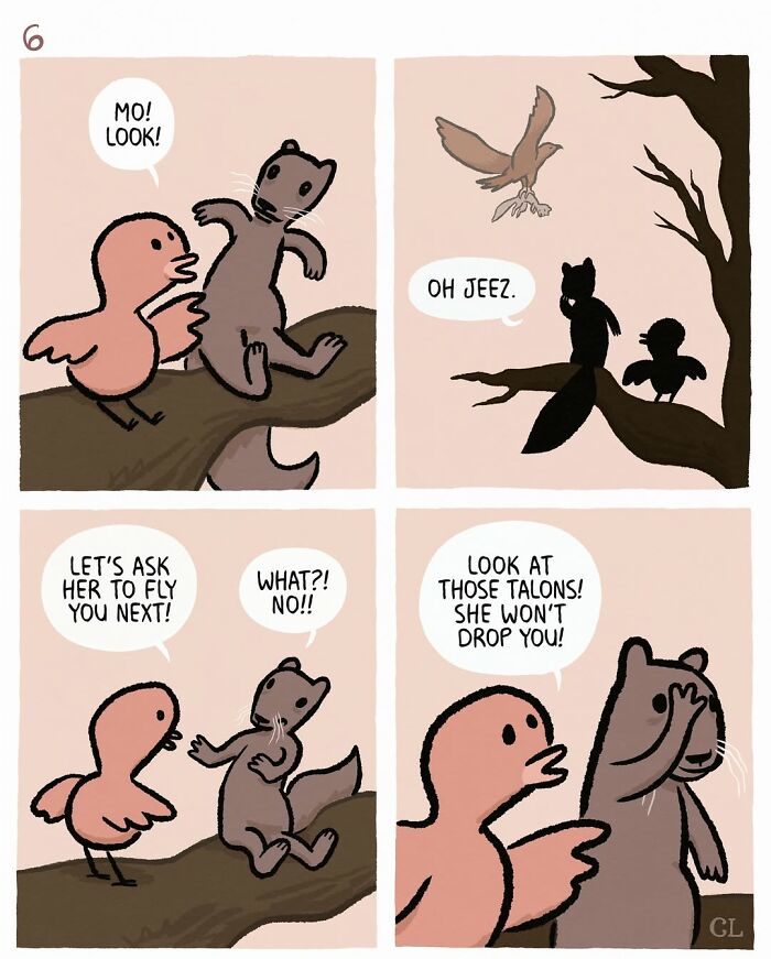 Comic strip featuring Ruby and Mo, illustrating themes of love, loss, and healing through charming animal characters.