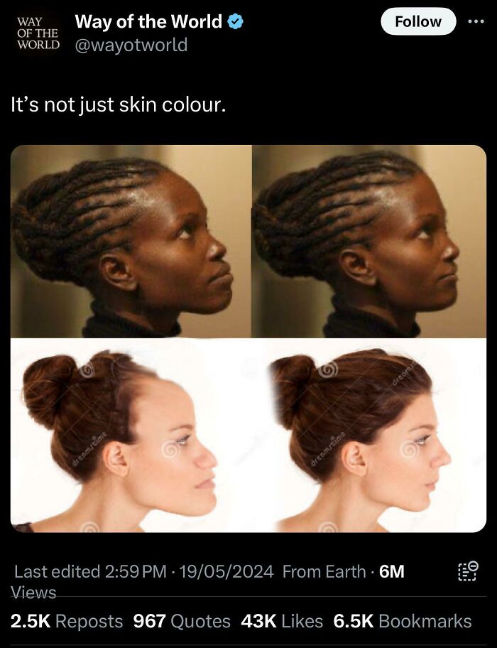 Side-by-side profile comparisons of Black and White women with the caption highlighting skin color issues for traumatizing the next generation topic.