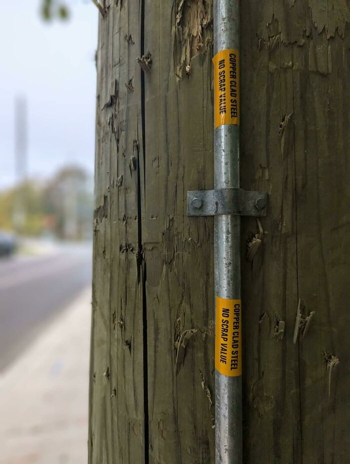 Close-up of a wooden utility pole with metal conduit labeled to prevent copper clad steel scrap theft near a blurred street.