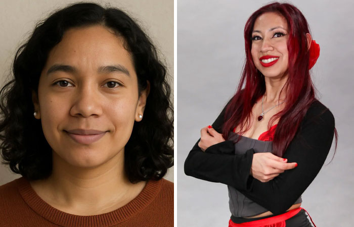 Side-by-side photos showing the comparison between childhood and AI-aged predictions of a woman’s face.