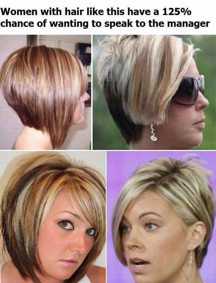 Collage of women with short layered hairstyles featured in funny work memes about manager stereotypes.