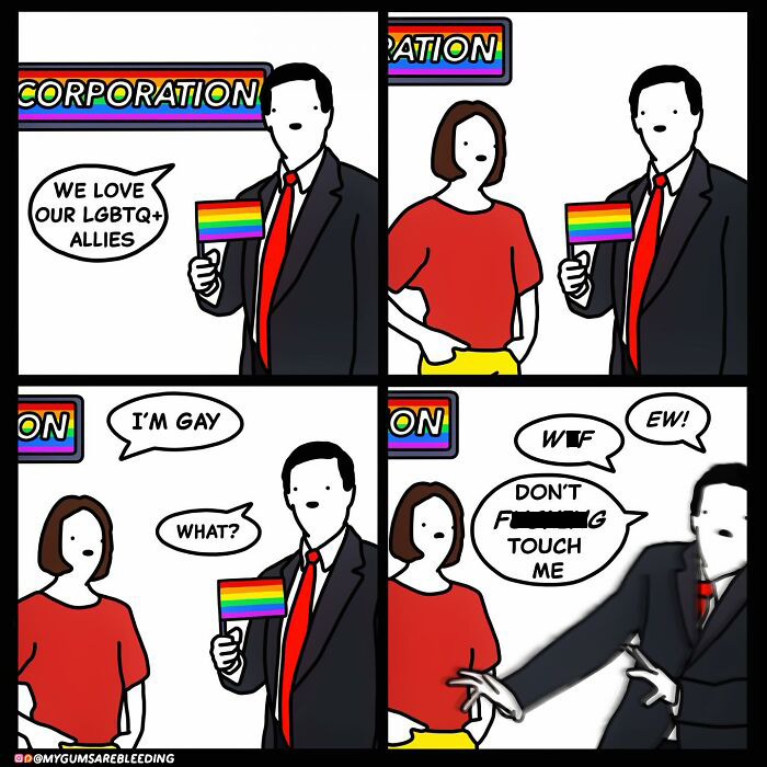 Dark and twisted comic by Miles Erickson showing corporate LGBTQ+ support turning brutal and ironic in a four-panel cartoon.