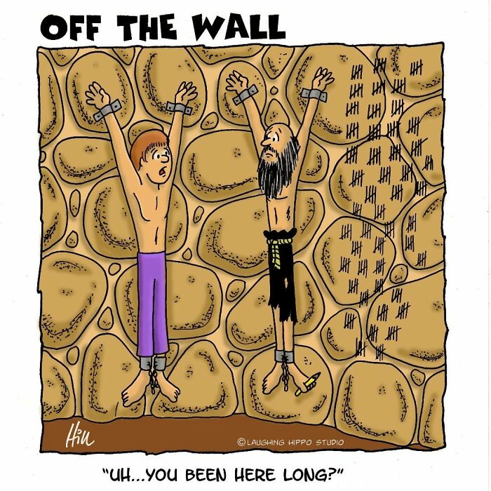Two cartoon characters shackled to a dungeon wall with tally marks showing long captivity in an offbeat comic style.