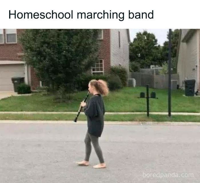 Young girl playing clarinet alone in the street with caption homeschool marching band funny meme for hard day relief