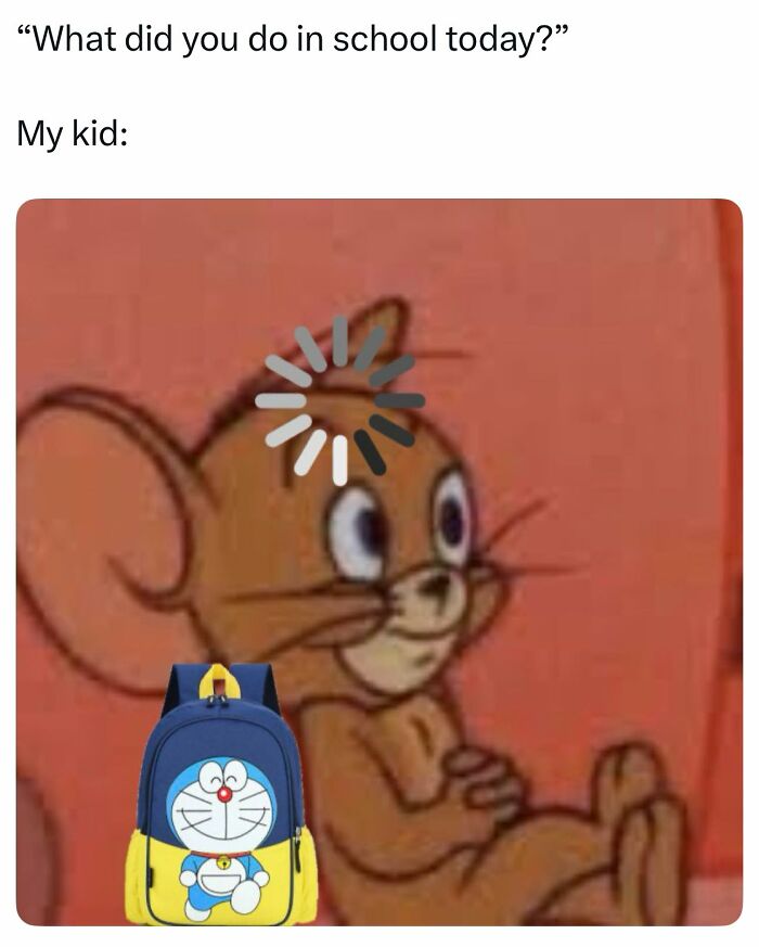 Cartoon mouse meme with loading icon and backpack, illustrating self-deprecating memes that feel personally attacked.